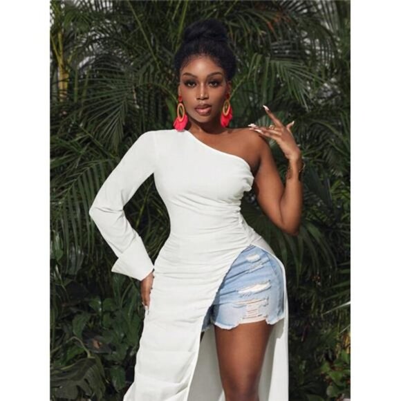 Super Long Top With One Shoulder, Long Sleeve, High Side Slit, Ruched Waistband - Picture 5 of 7